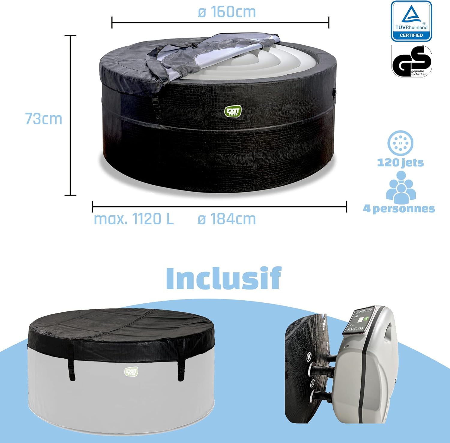 etezen - Leather Premium Spa extérieur 184x73cm - 4 places, chauffage, 120 jets air