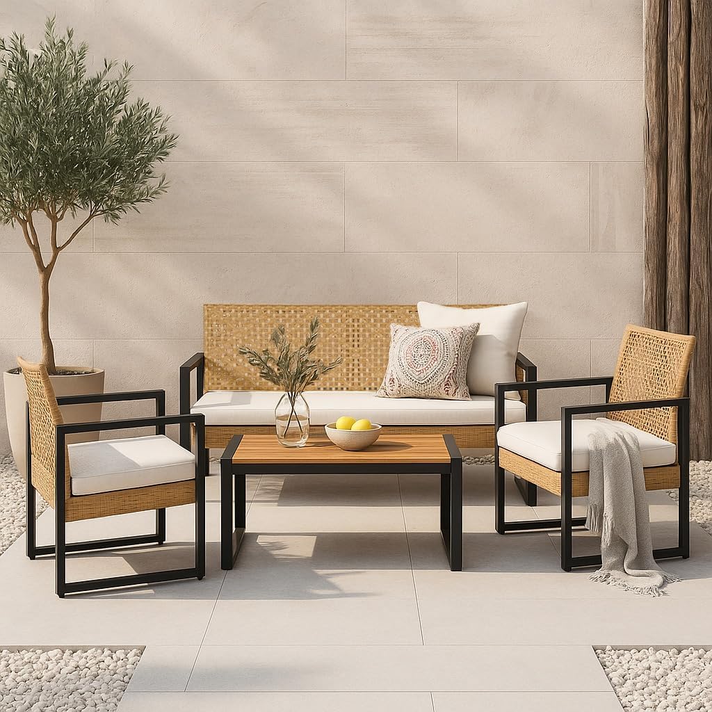 etezen - Salon de jardin 4 pièces, acier/acacia, 2 chaises + banc, beige/naturel
