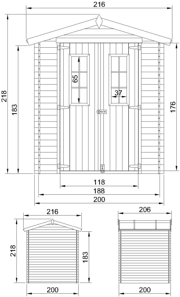 Abri de Jardin en Bois - Stockage extérieur I216xL206xH218 cm/ 3.53 m2 Petit abri à Outils, Local à vélos - Toit imperméable, fenêtres etezen M343C