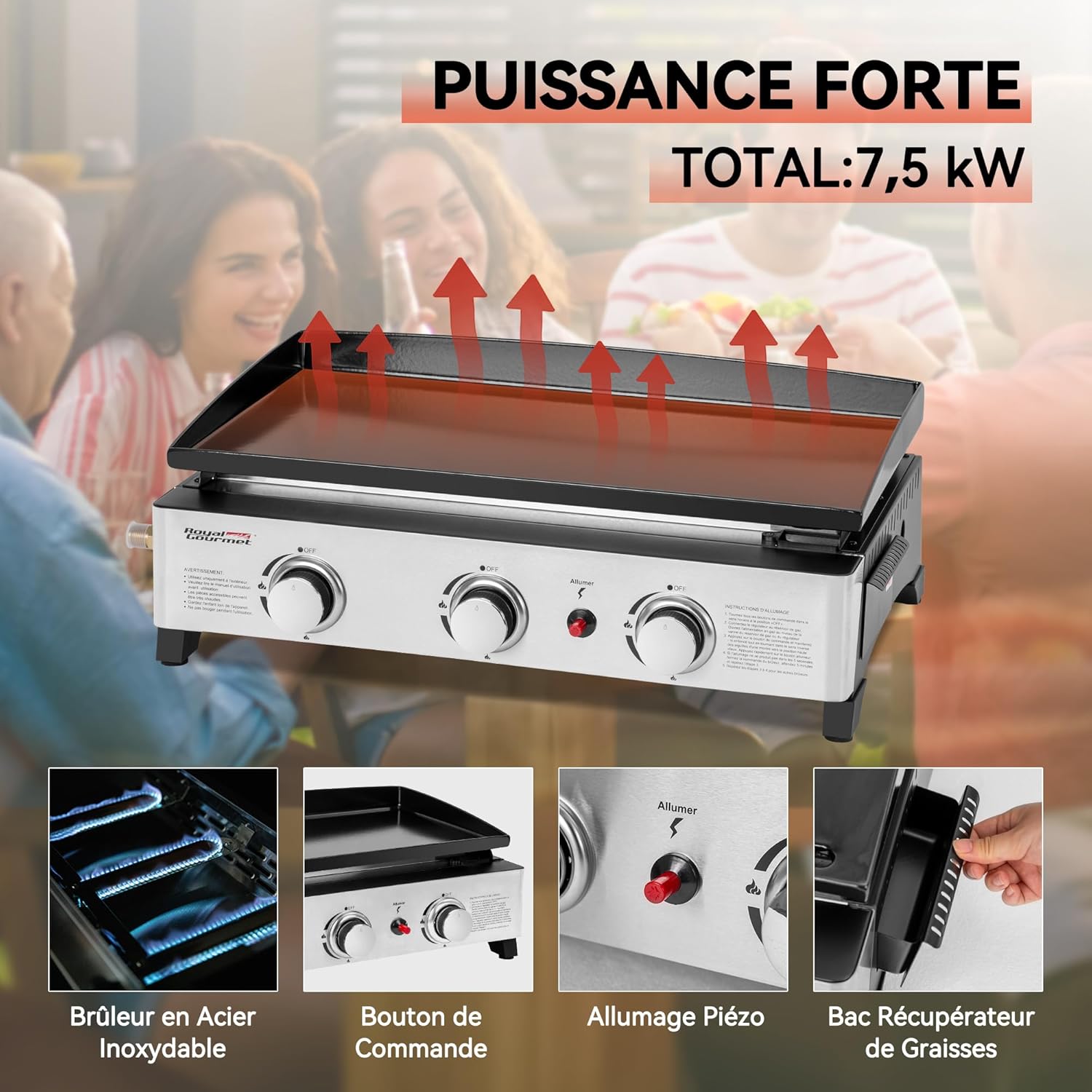 etezen - Plancha Gaz 3 brûleurs - 62x35,5 cm - acier émaillé, portable, 7.5kW
