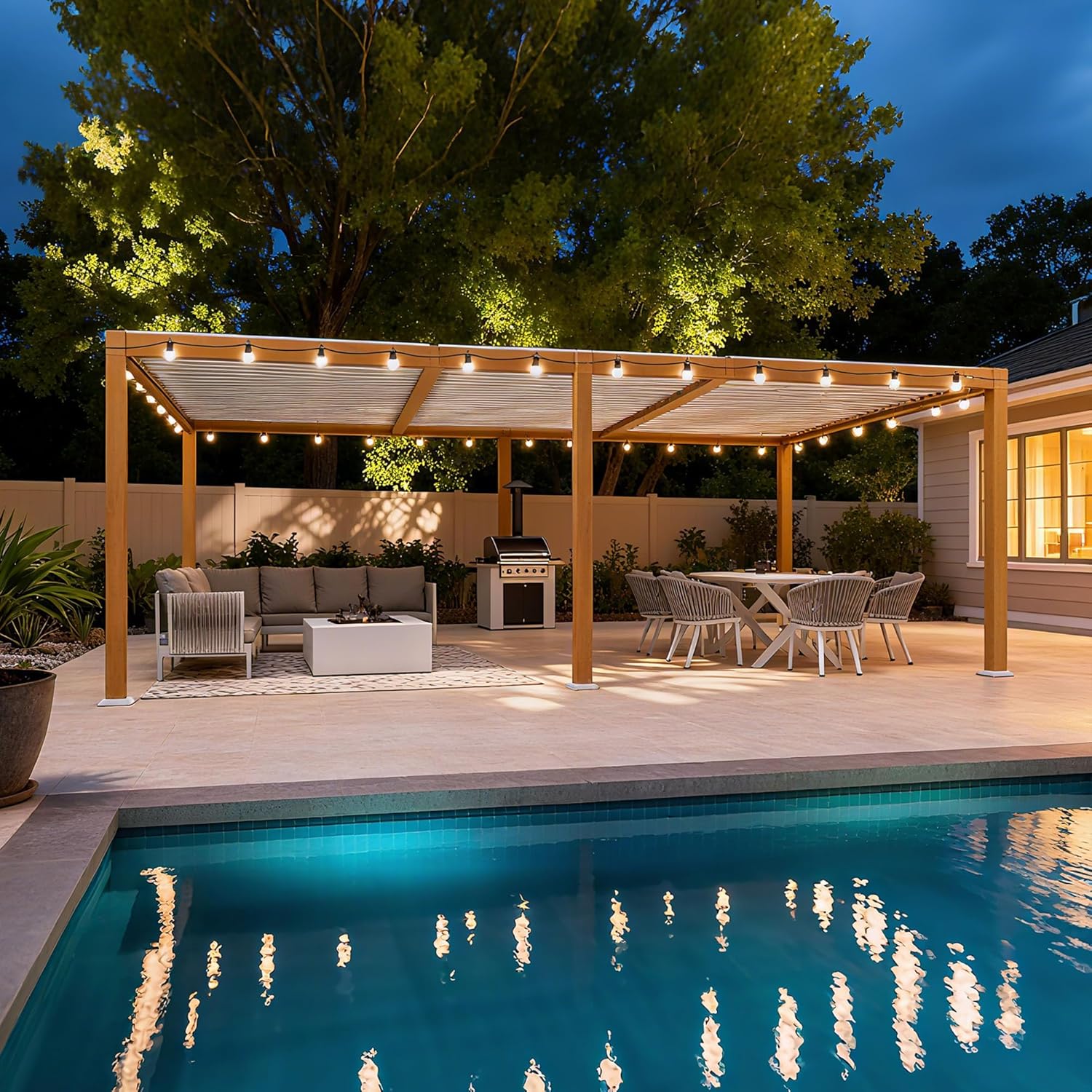 etezen - Pergola effet bois - 3.5x6.35m - LED, lames orientables, étanche