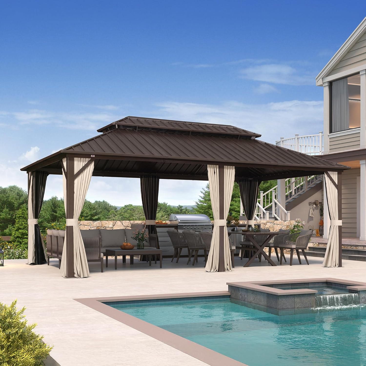 etezen - Pergola Jardin Double Toit 6x3,65m, alu, moustiquaire