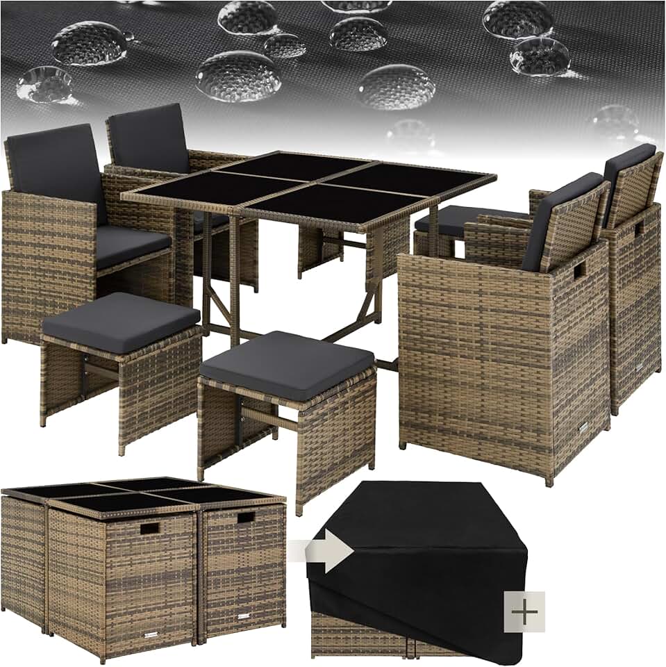etezen - Salon de jardin polyrotin, 4 chaises, 4 tabourets, table, housse, marron