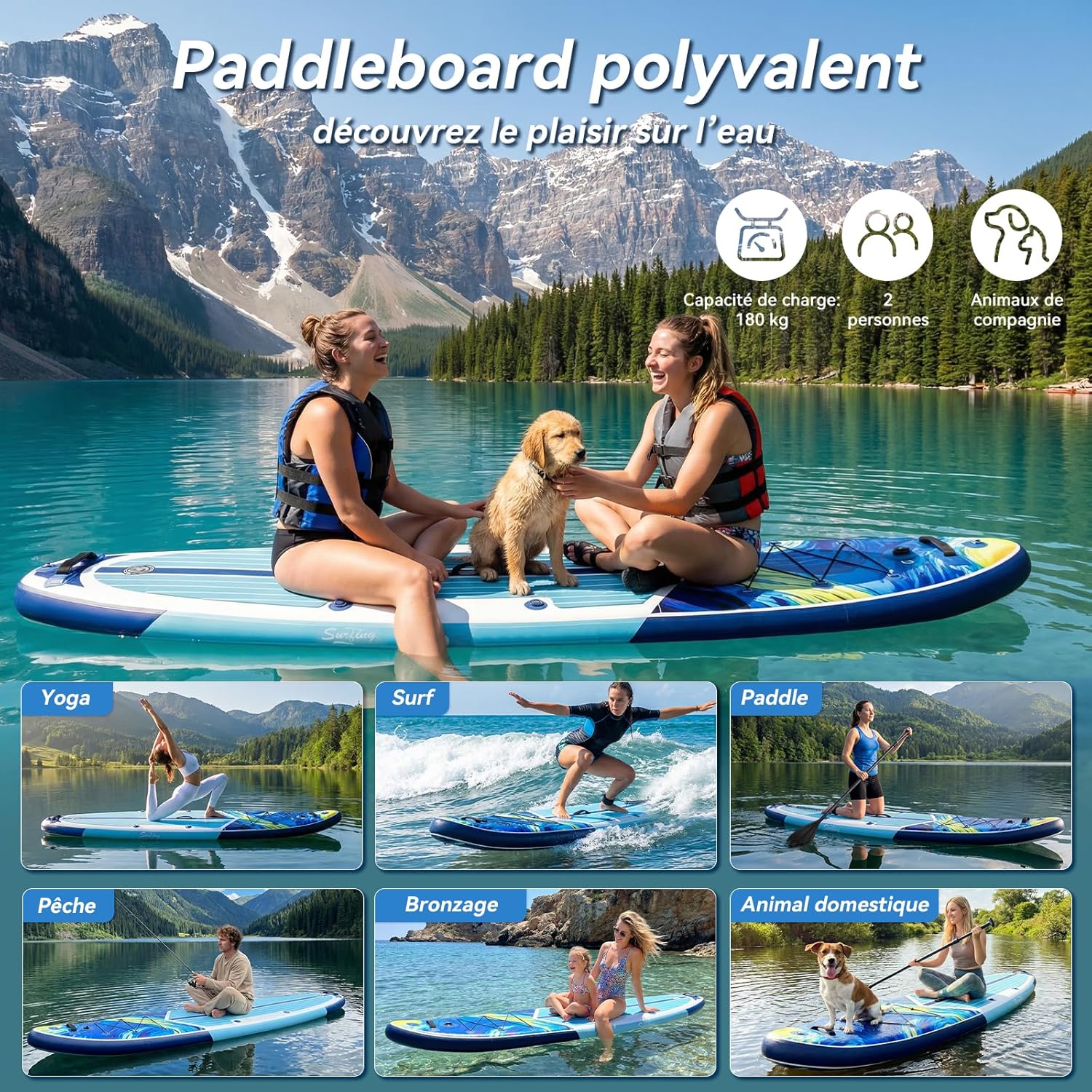 etezen - Paddle gonflable adulte 320/335cm - 2 personnes, siège kayak, pagaie, support caméra, 150kg
