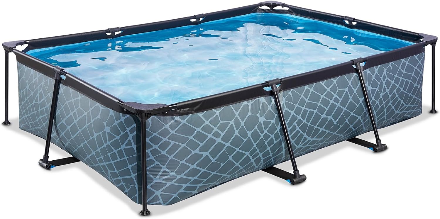 etezen Piscine Stone - 300x200x65cm - Piscine Hors Sol Rectangulaire avec Pompe Filtrante à Cartouche - Entrée Basse - Idéal pour Les Jeunes Enfants - Cadre Stable - Design Unique - Gris