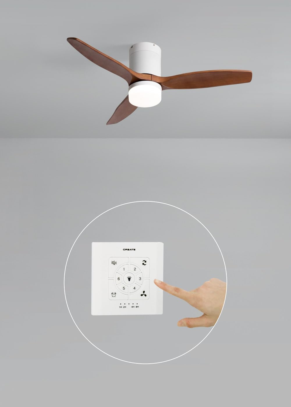 CREATE - Windcalm S - 112 cm - ventilateur plafond ABS, pale bois, lumière réglable, télécommande, minuterie, été/hiver,