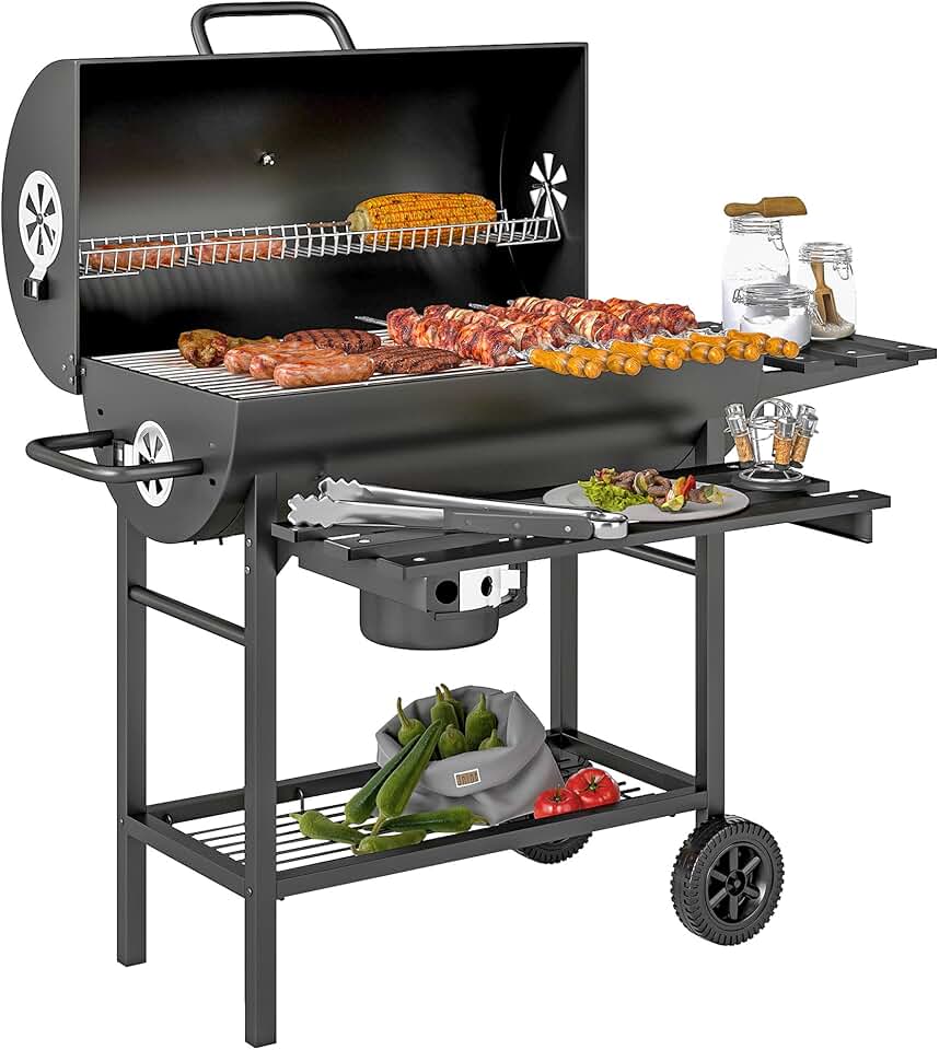 etezen - barbecue charbon de bois - grande taille - grille, couvercle thermomètre, roues, tablette pliable