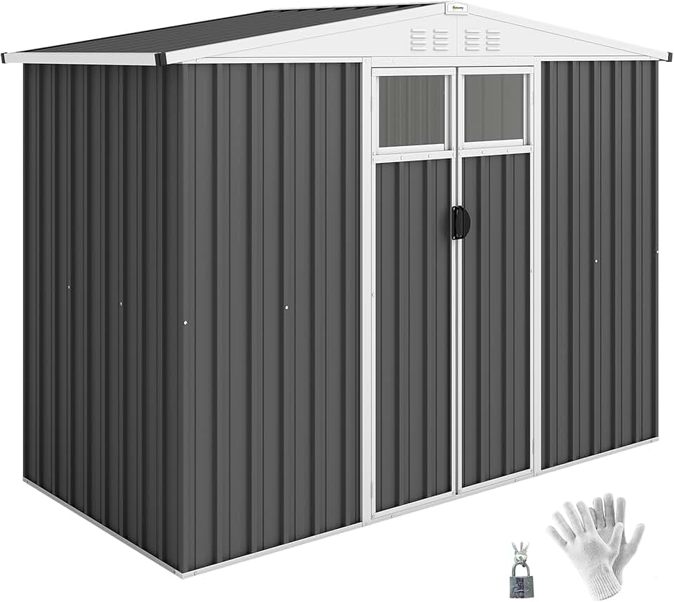 etezen Abri de Jardin en métal 2,7 m² cabane de Jardin 246 x 117 x 180 cm cabanon Rangement Outils avec fenêtre, 4 évents et Porte verrouillable, cabanon Jardin extérieur en Acier galvanisé, Gris