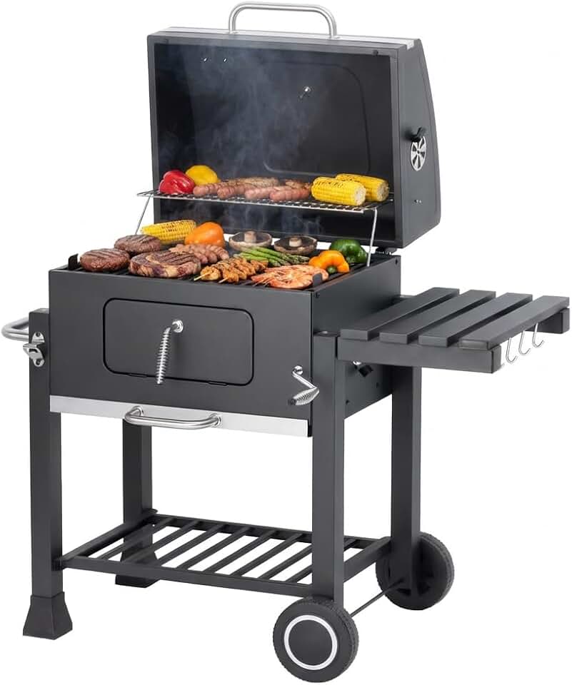 etezen - Memphis - acier, grille, tablette pliable, roulettes, thermomètre, bac à cendres