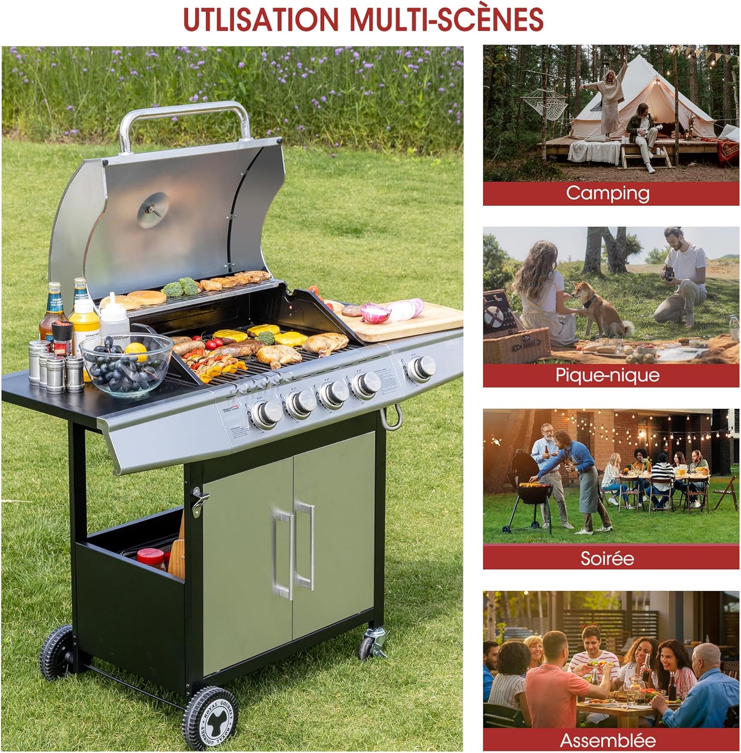 etezen - Barbecue Gaz 4+1 brûleurs inox - 14,5kW - 2 portes, thermomètre, roues directionnelles