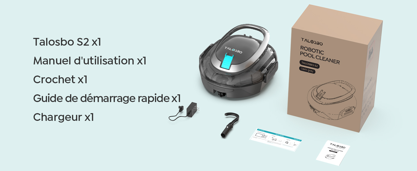 Le texte indique « etezen S2 x1 », « Manuel d'utilisation x1 », « Guide de démarrage rapide x1 », « Crochet x1 », « Chargeur x1 ». Disposition du contenu de l'emballage du produit avec un aspirateur robotique.
