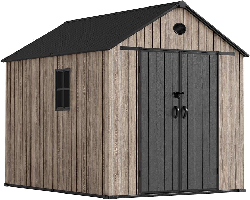 etezen Abri de jardin en résine 6,41 m² Oak O60 - Sol inclus - Fenêtre latérale - Aspect bois premium - Double porte large - Protection UV et imperméable - Fermeture par goupille - Ventilations
