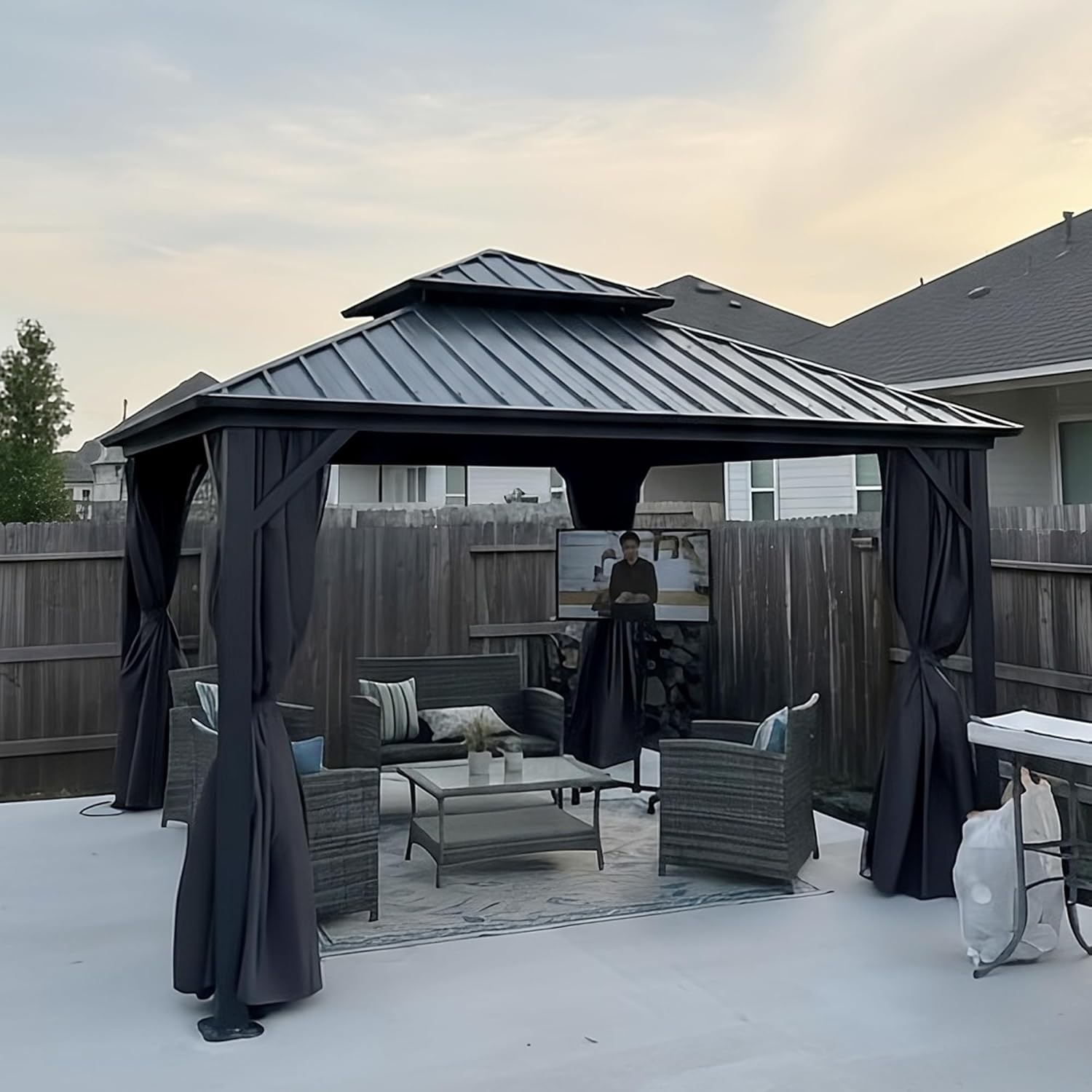 etezen - Pavillon jardin double toit alu 3,65x3,65m, rideaux, moustiquaire