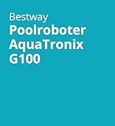 Le texte se lit comme suit : « etezen Poolroboter AquaTronix G100 ». Fond turquoise avec mise en page publicitaire de produit en texte blanc.