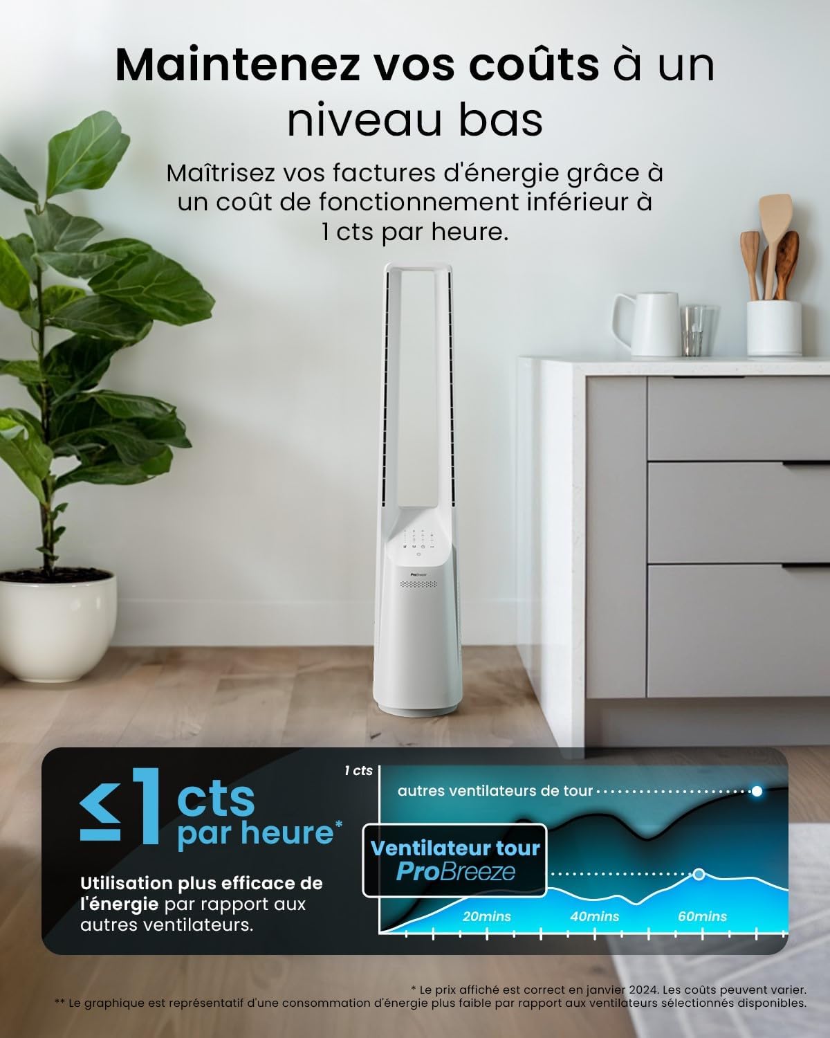 etezen - Ventilateur colonne, 101 cm - 6 vitesses, oscillation 60°, silencieux