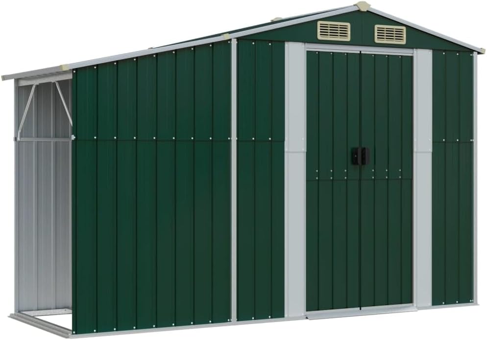 Abri de jardin acier galvanisé 277x365,5x179cm, vert, support bois, 4 aérations