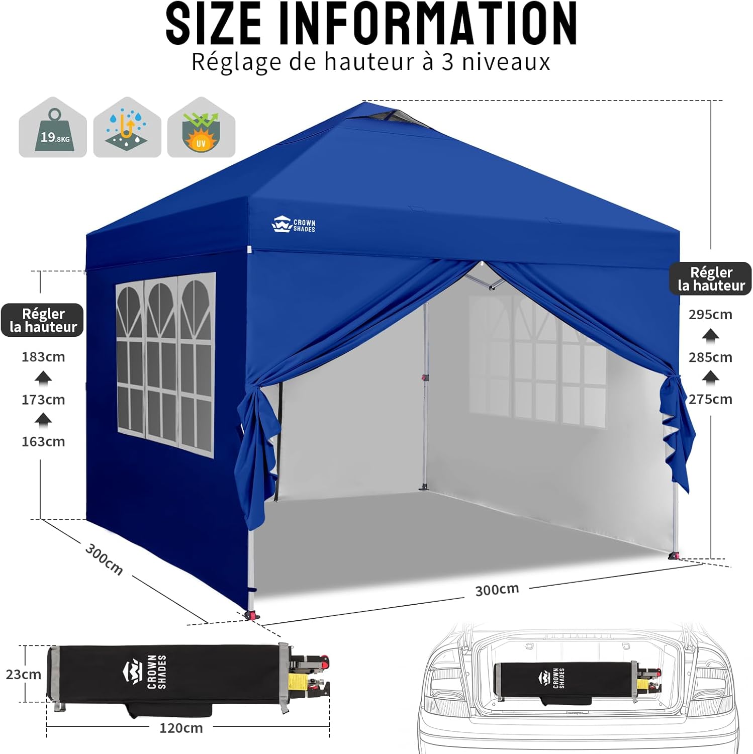 etezen - tonnelle pliante 3x3m - imperméable, UPF 50+, 4 parois amovibles