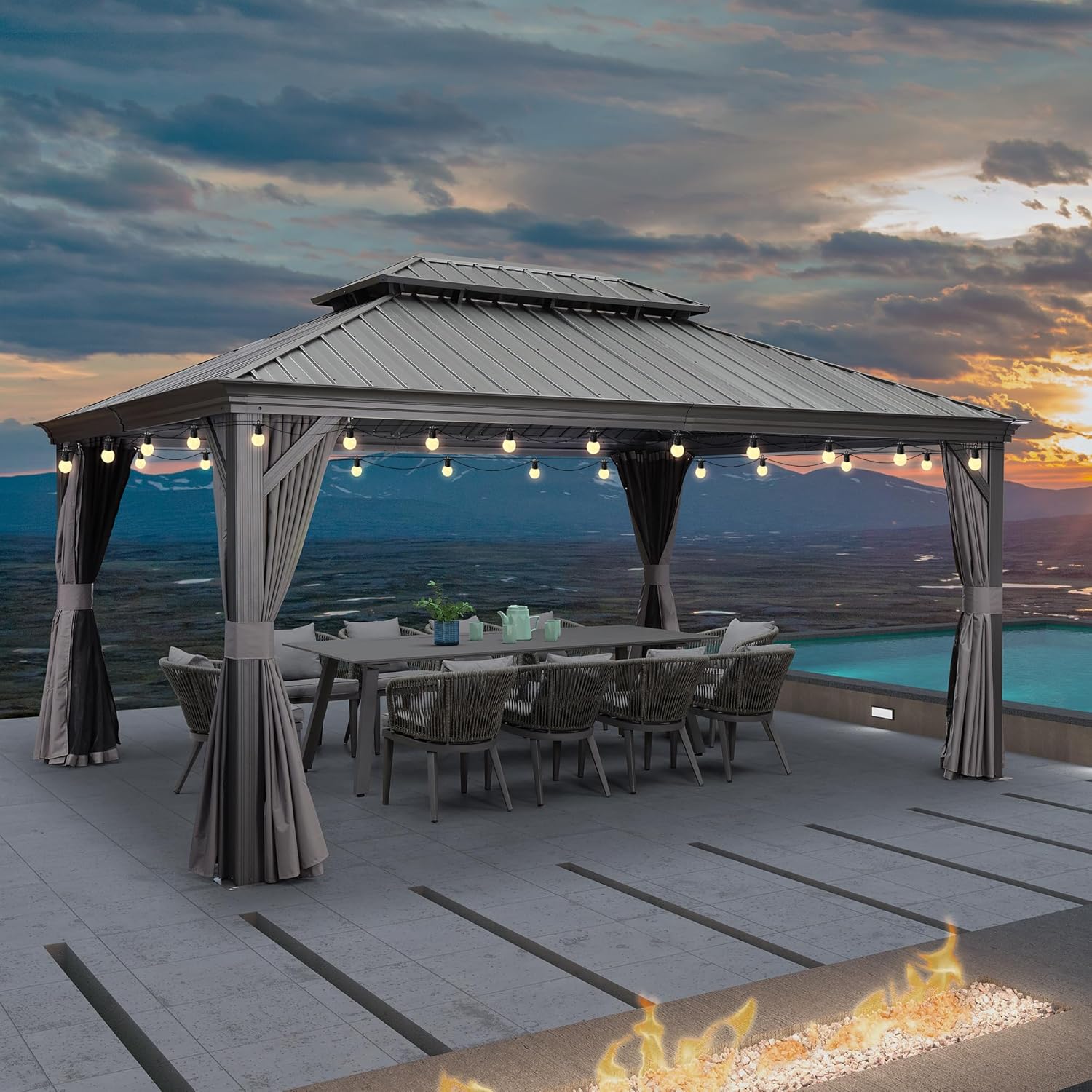 etezen - tonnelle aluminium série - 4,85x3,65m - éclairage intégré, rideaux moustiquaires, gouttière, gris