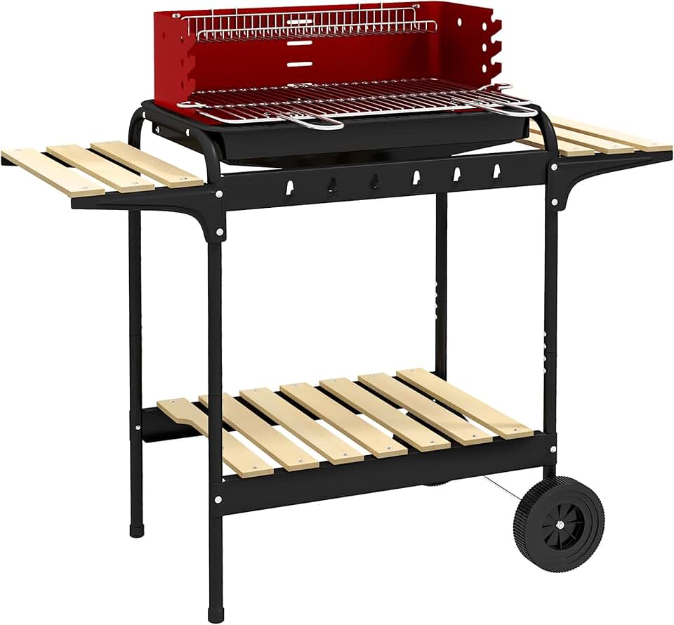 etezen - barbecue à charbon sur pied - 103x47x95cm - gril réglable, 2 roues, 3 étagères, bac à cendres
