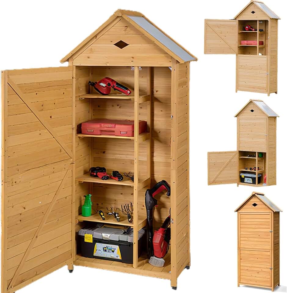 etezen - abri jardin bois - 80x45x177 cm - 5 étagères, porte verrouillable, toit galvanisé