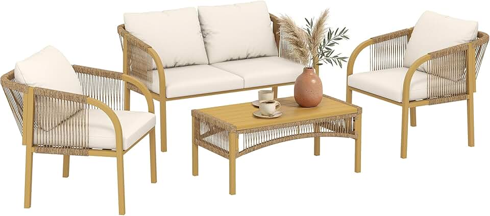 etezen - Salon de jardin 4 pcs - canapé 2 places, coussins, table basse, plateau acier imitation bois - kaki