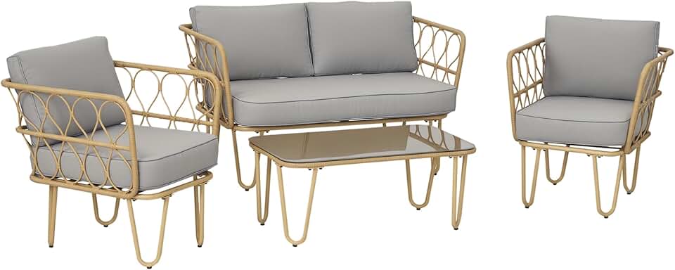 etezen - Ensemble salon 4 pièces acier et résine, 2 places, table basse, coussins, gris clair