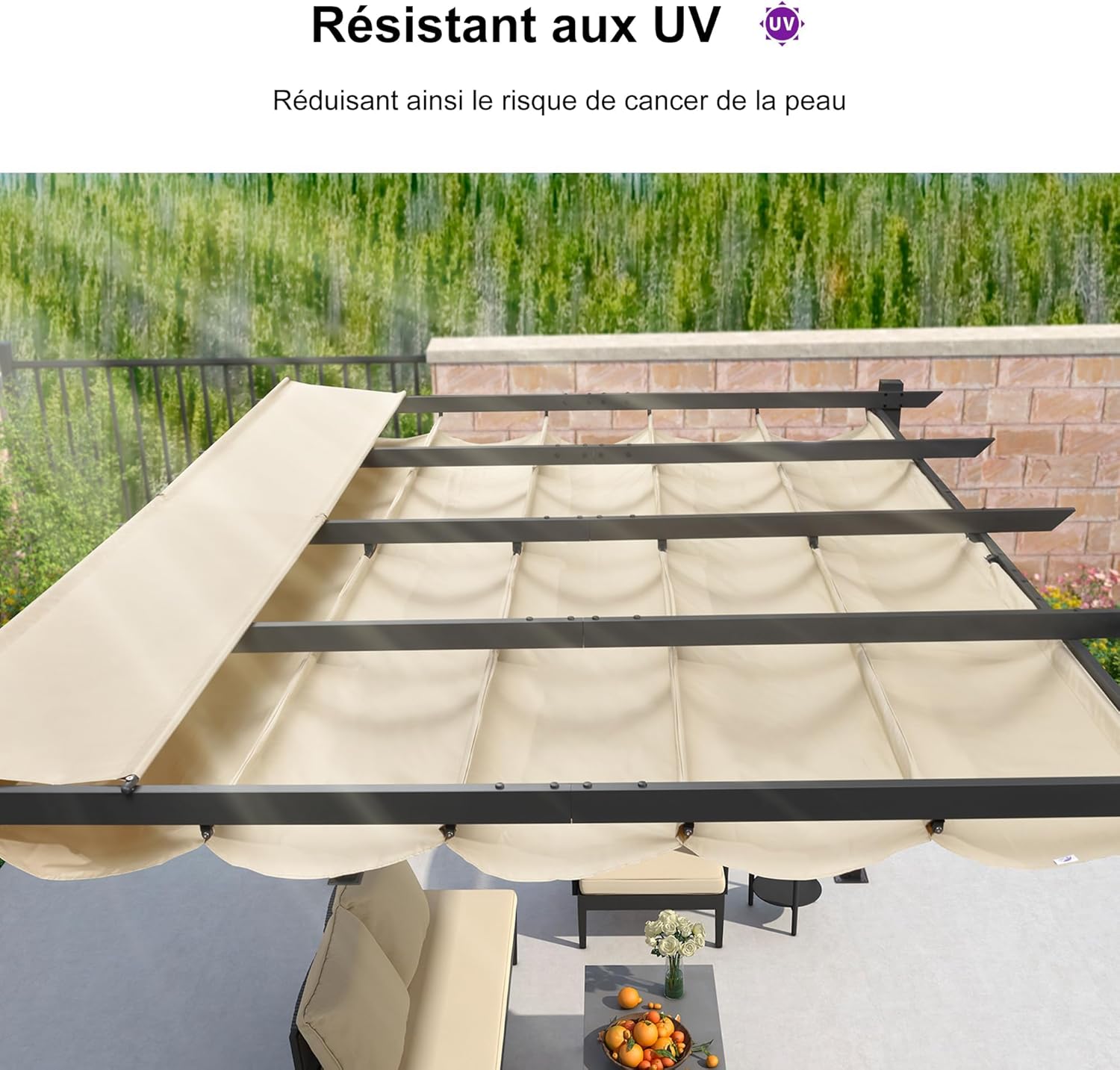etezen - pergola aluminium - 4x3m - rideau, toit rétractable, kaki