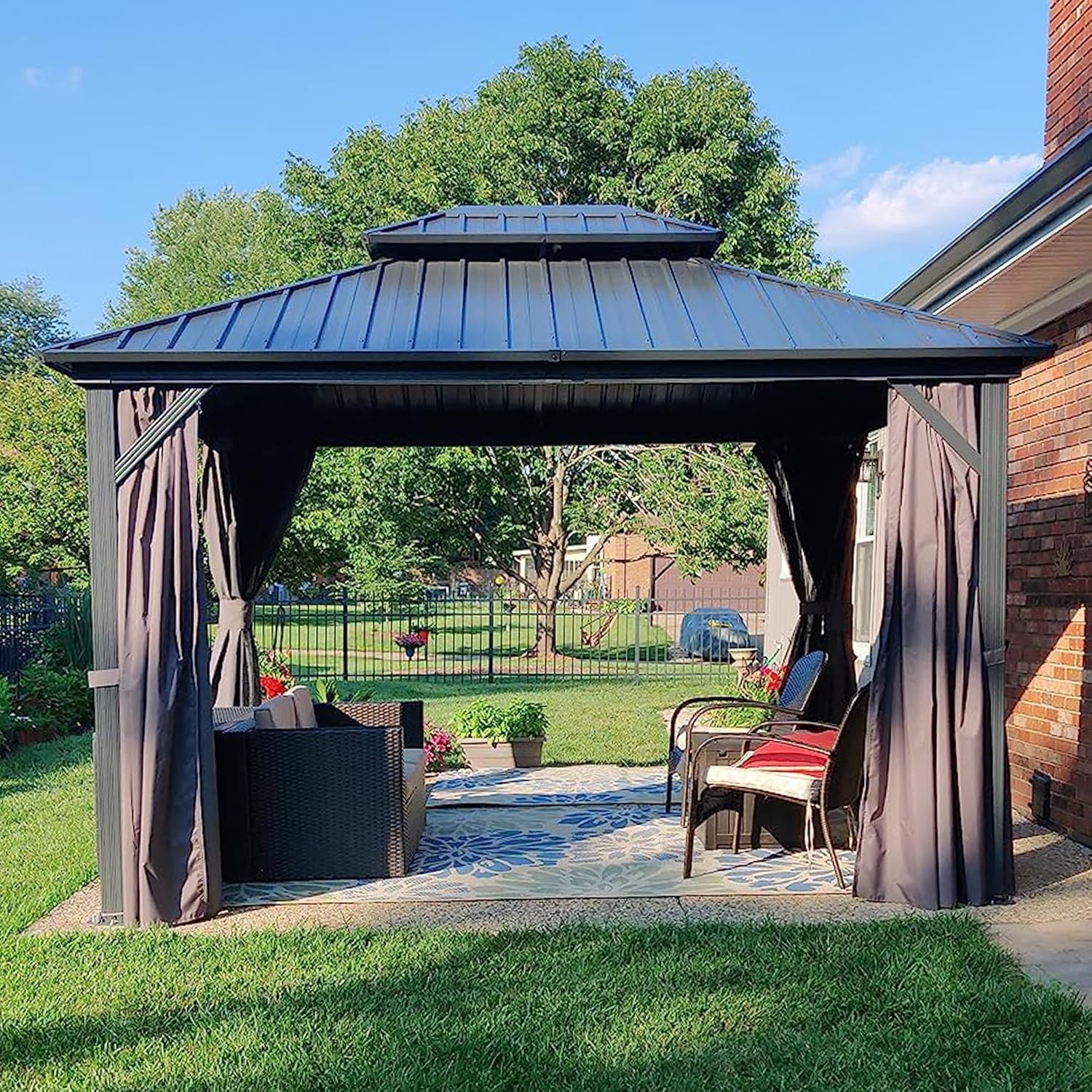 etezen - Pergola aluminium double toit 3,65x3m rideaux moustiquaire