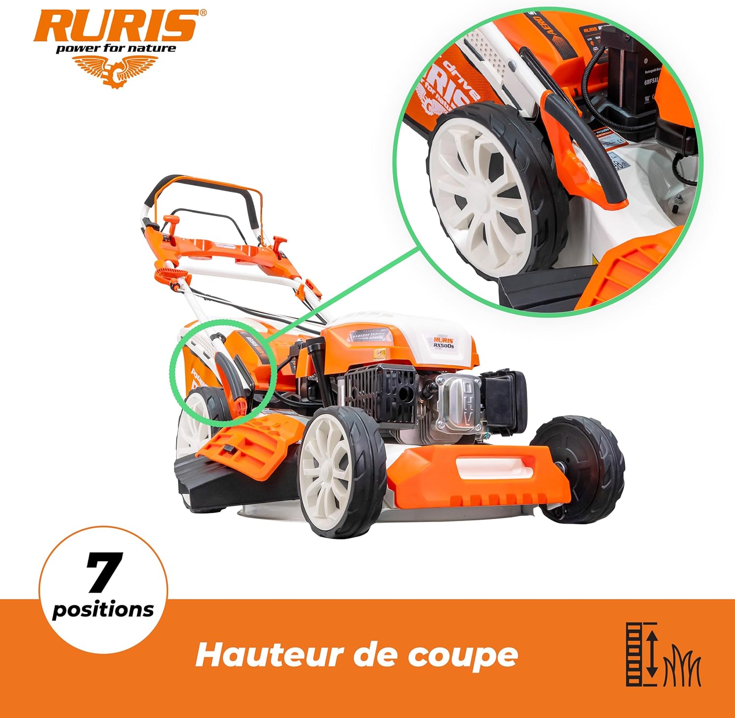 etezen Tondeuse à Gazon Thermique 5 en 1 Mulching 5,7 CV 196cc RX500S, Orange