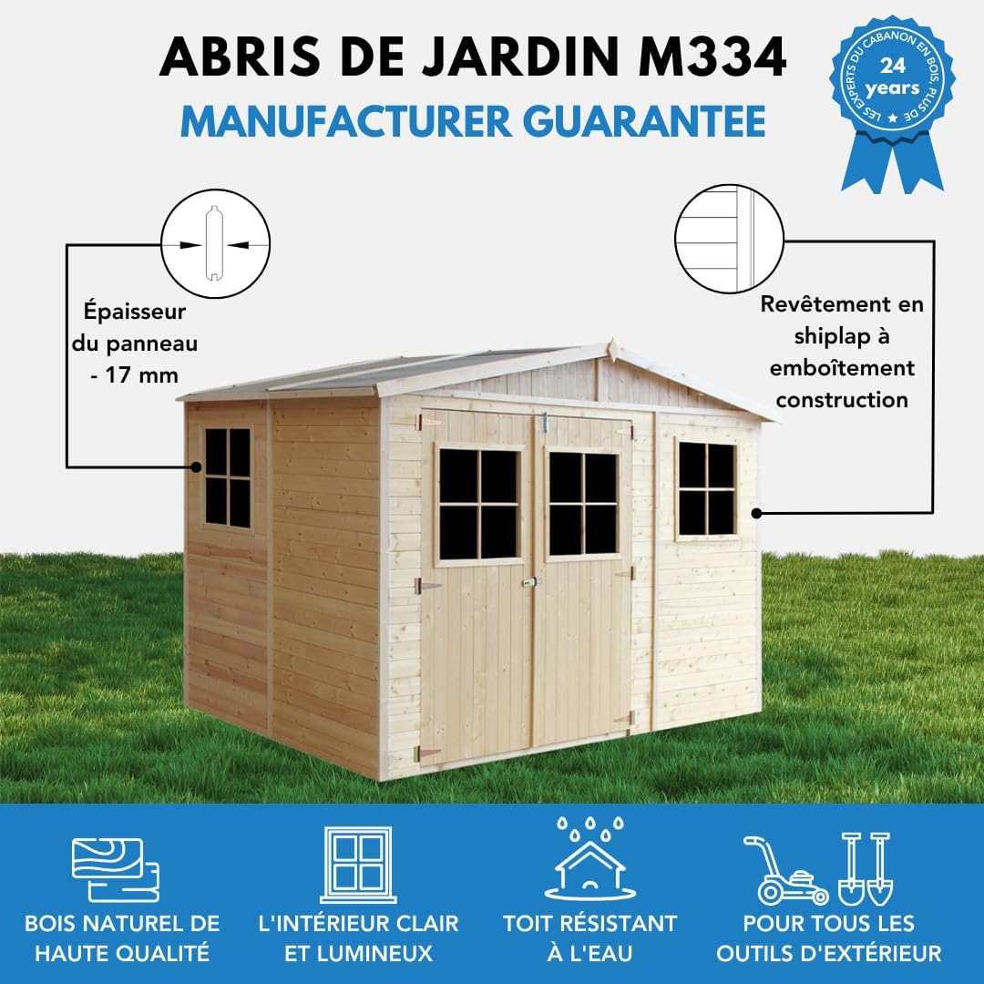 Abri de Jardin en Bois Exterieur avec Les PLANCHERS IMPRÉGNÉ- Cabane de Jardin en Pin/épicéa-H226x324x216 cm/6m2- Construction de Panneaux- Rangement pour vélos, Remise à Outils- etezen M334+M334G
