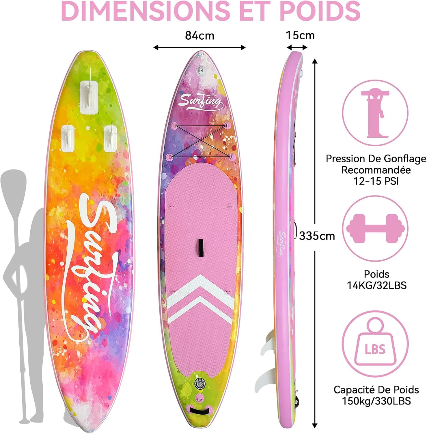 etezen - Paddle gonflable 320/335cm - 2 pers, siège kayak, 150kg