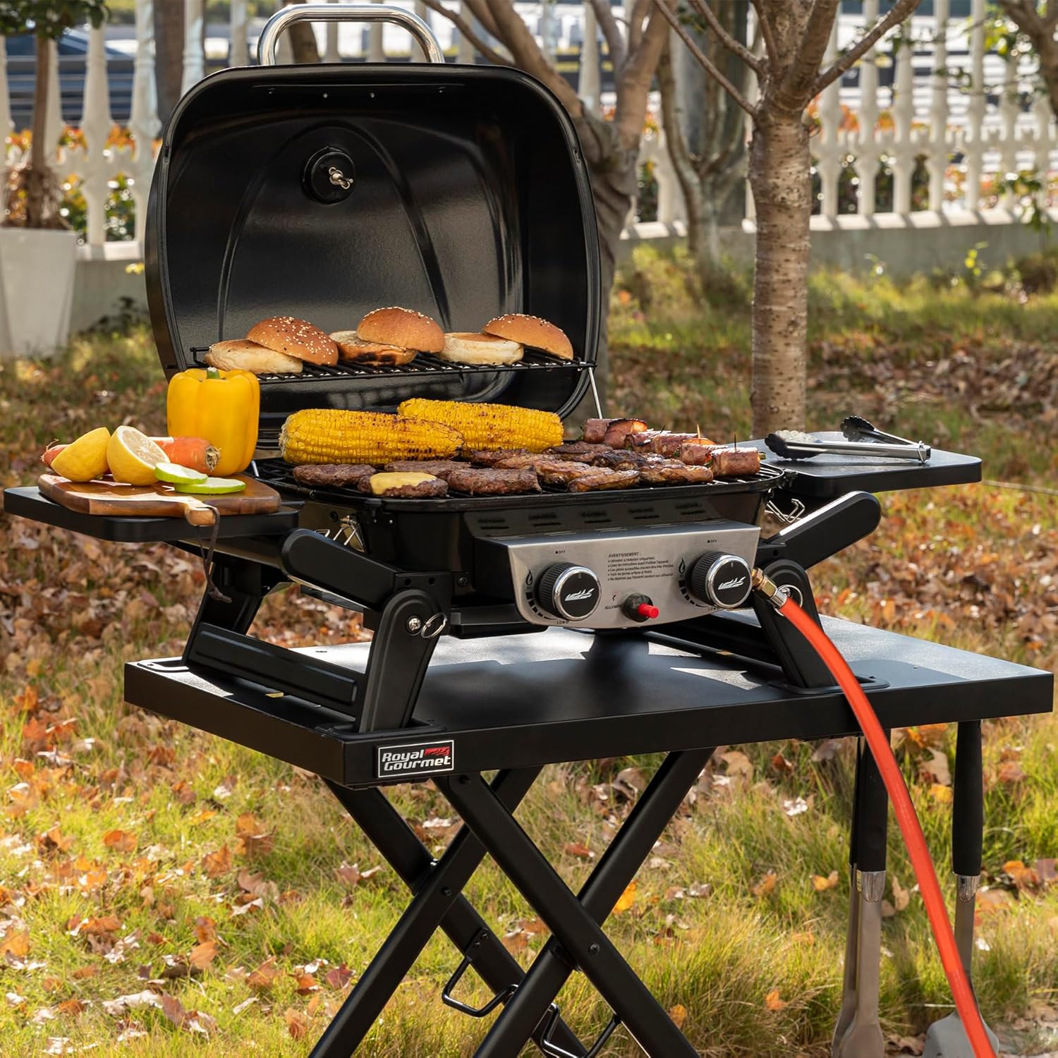 etezen - barbecue gaz portable - 48x37 cm - 2 brûleurs, tables pliantes, chariot détachable, 5kW