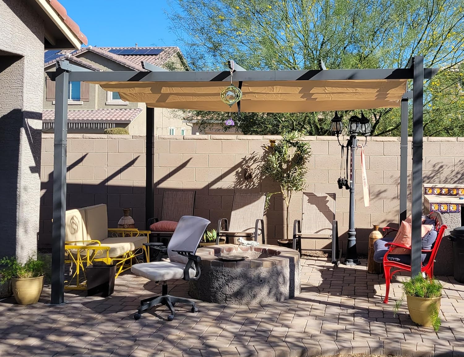 etezen - Pergola aluminium LED, toit rétractable, 4x3m, kaki