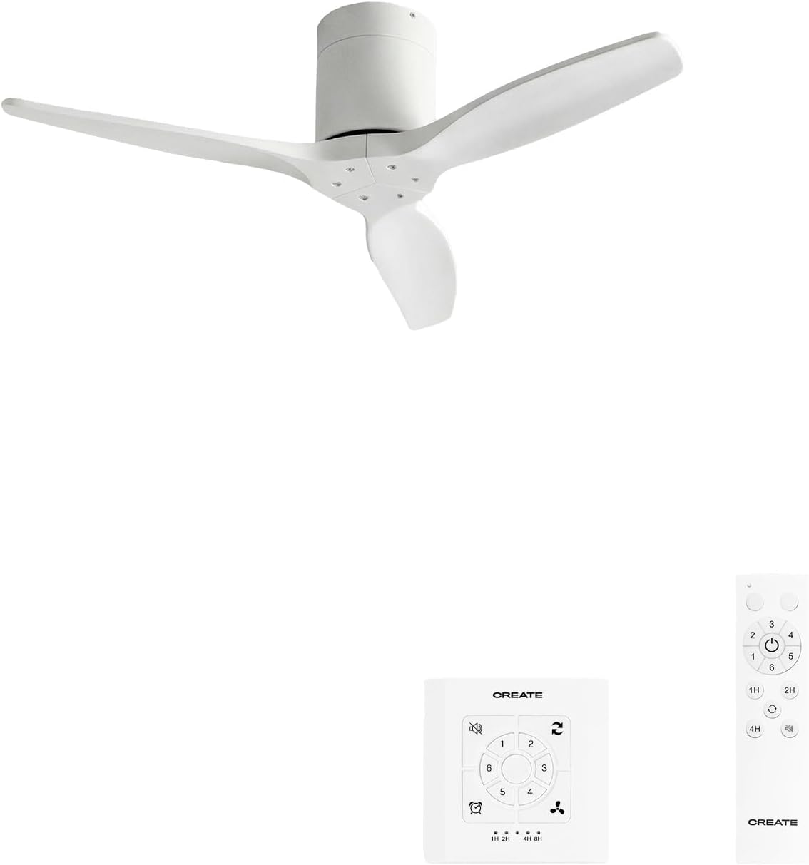 CREATE WINDCALM S Ventilateur de plafond ABS blanc avec contrôleur et télécommande, 40 W, silencieux, Ø112 cm, 6 vitesses, minuteur, fonction été/hiver