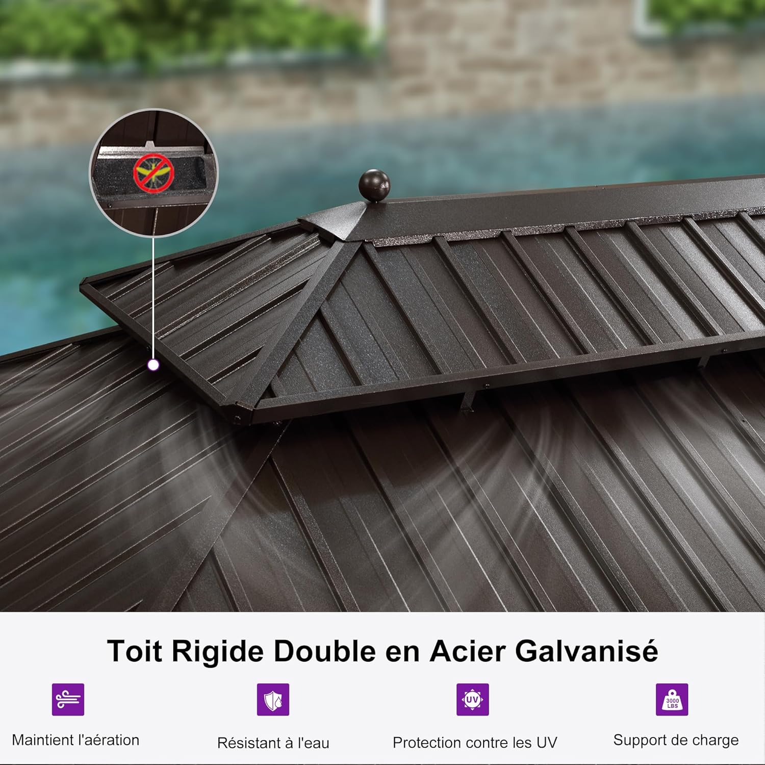 etezen - Pergola toit double 4,85x3,65m acier moustiquaire rideaux