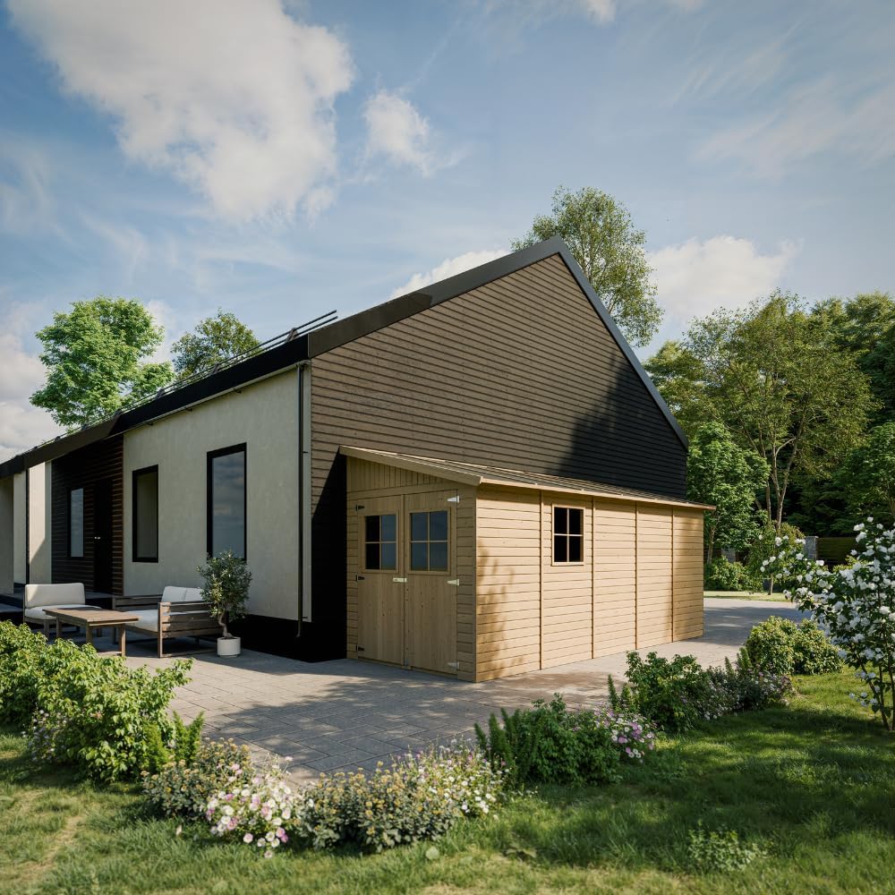 Abri de Jardin en Bois Naturel (avec paroi latérale) Plus Les PLANCHERS IMPRÉGNÉ- Stockage extérieur avec fenêtres- H244x218x514 cm/10 m2- Atelier Rangement Outils et vélos- etezen M341A+M341G