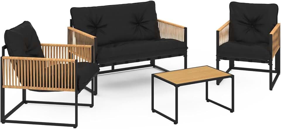 etezen - Salon de Jardin Bas Rio 4 Places - Structure métal noir, cordage rotin clair, coussins noirs