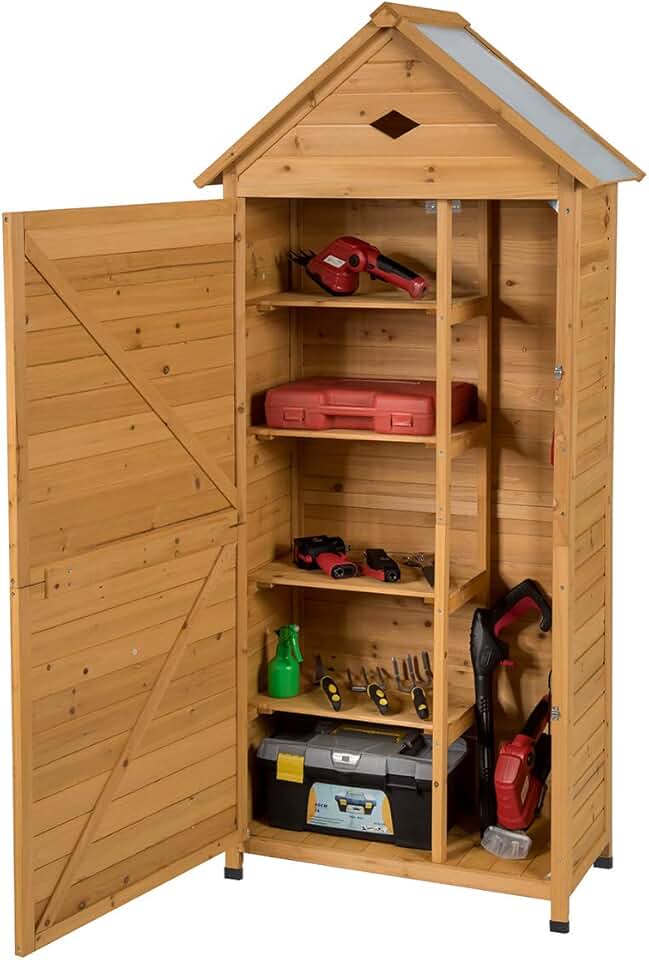 etezen Armoire de Jardin Bois 5 Etagères, Abris de Jardin Bois Verrouillable en Bois de Sapin pour Outils de Jardin avec Etagères,Toit en Tôle Galvanisée pour Maison, Jardin, Cour