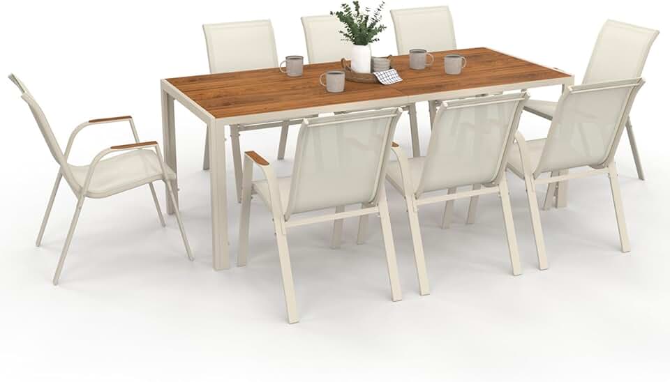 etezen - Noumea Salon jardin 190 cm verre-bois, 8 chaises empilables