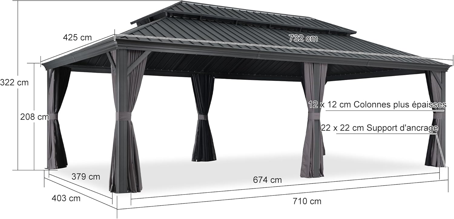 etezen - Tonnelle Jardin 7,32x4,25m - acier, rideaux, moustiquaire