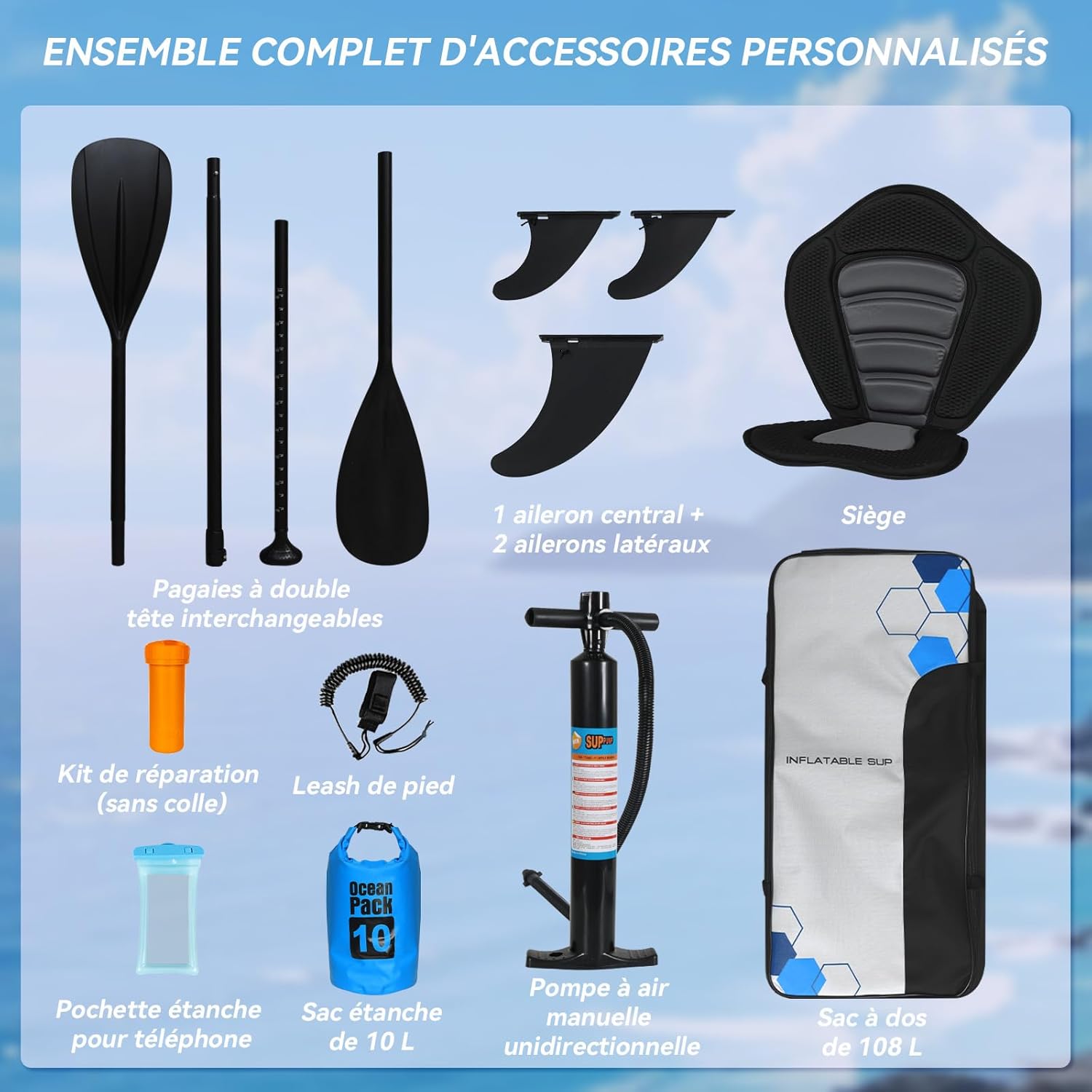 etezen - Paddle gonflable adulte 320/335cm - 2 personnes, siège kayak, pagaie, support caméra, 150kg