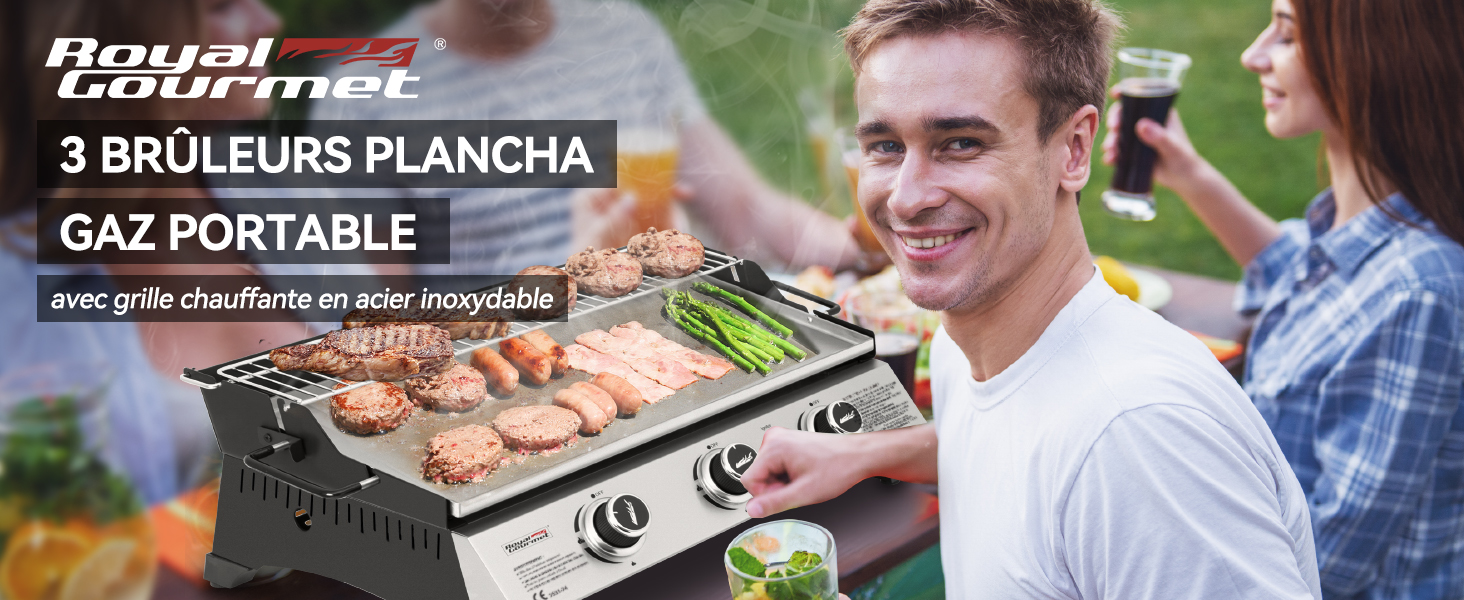 avec trois brûleurs montrant la cuisson de la viande sur une grille en acier inoxydable. Appareil de cuisson extérieur de marque etezen.