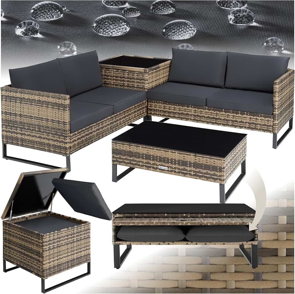 etezen - Ensemble modulable 4 places rotin, table basse, coffre, coussins