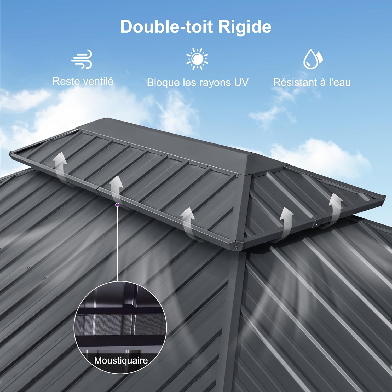 etezen - Tonnelle double toit rigide, 6 x 3,65 m, moustiquaire, aluminium, gris