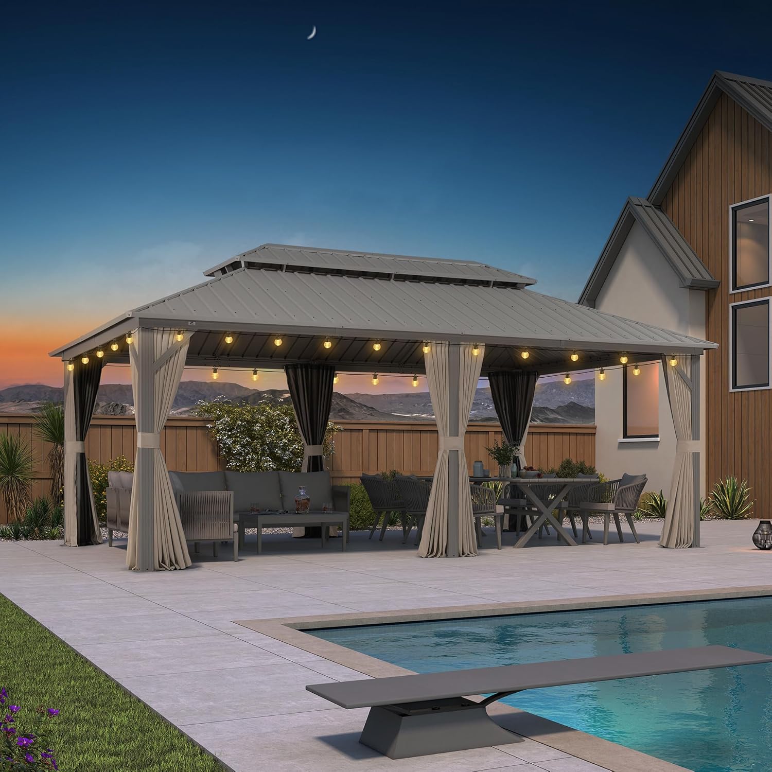 etezen Tonnelle de Jardin Extérieur 6 x 3,65 m avec Guirlande Lumineuse, Pergola Aluminium à Toit Rigide en Acier Galvanisé, Pavillon Imperméable pour Camping, Fête, Barbecue, Champagne