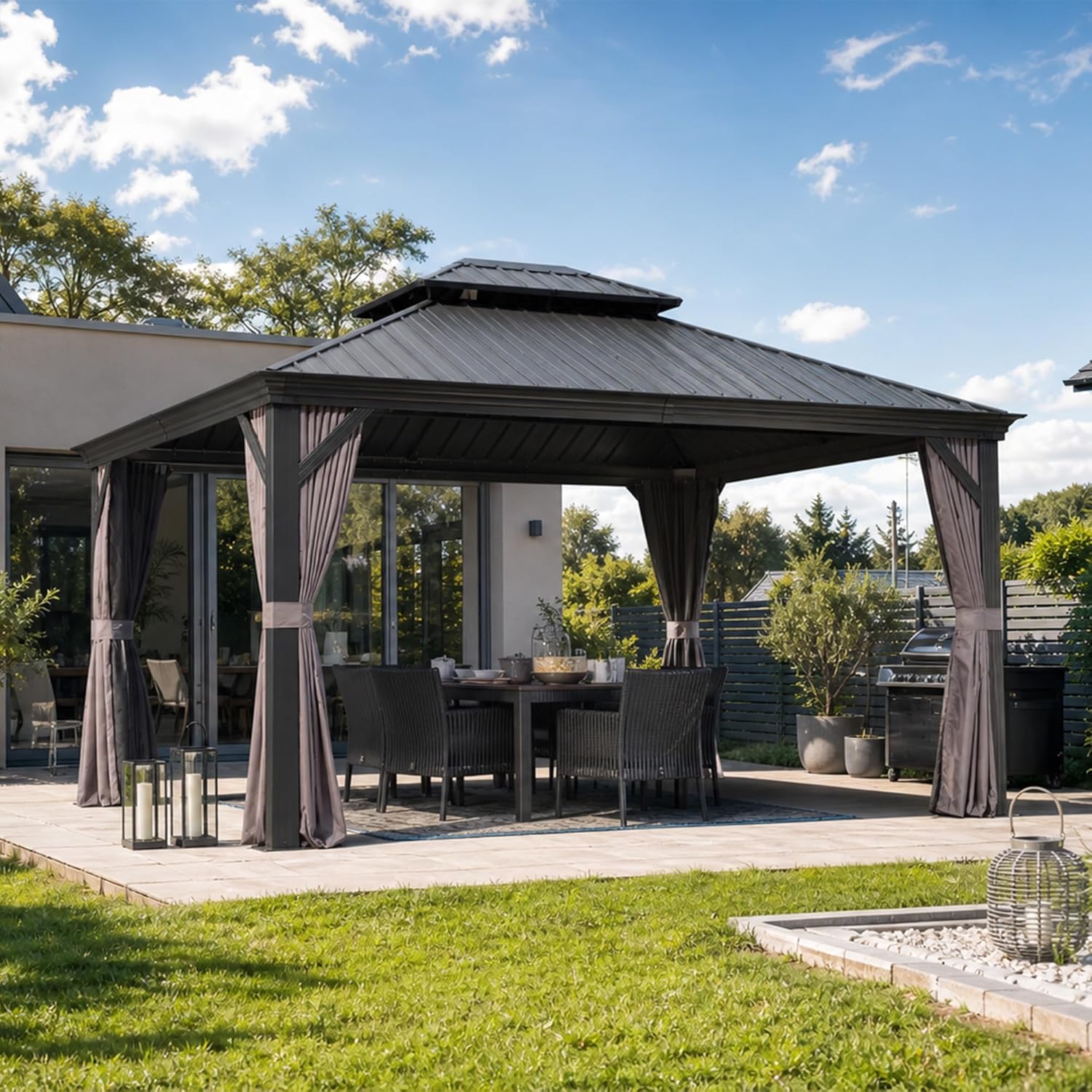 etezen - tonnelle jardin - 4,25x3,65m - toit acier, moustiquaire, rideaux, poteaux renforcés