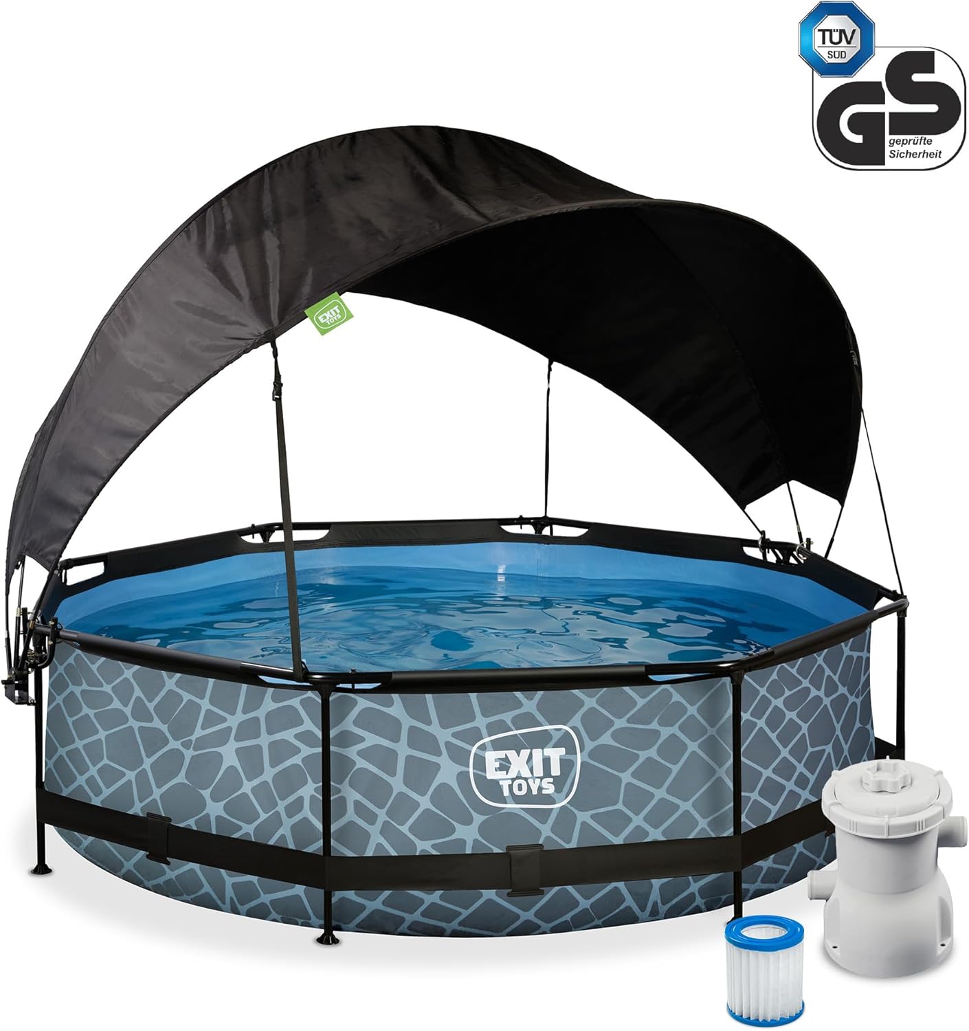 etezen Piscine Stone avec Voile d'Ombrage - ø300x76cm - Piscine Hors Sol Ronde avec Pompe Filtrante à Cartouche - Protection Optimale Contre Les Rayons UV - Entrée Basse - Design Unique - Gris