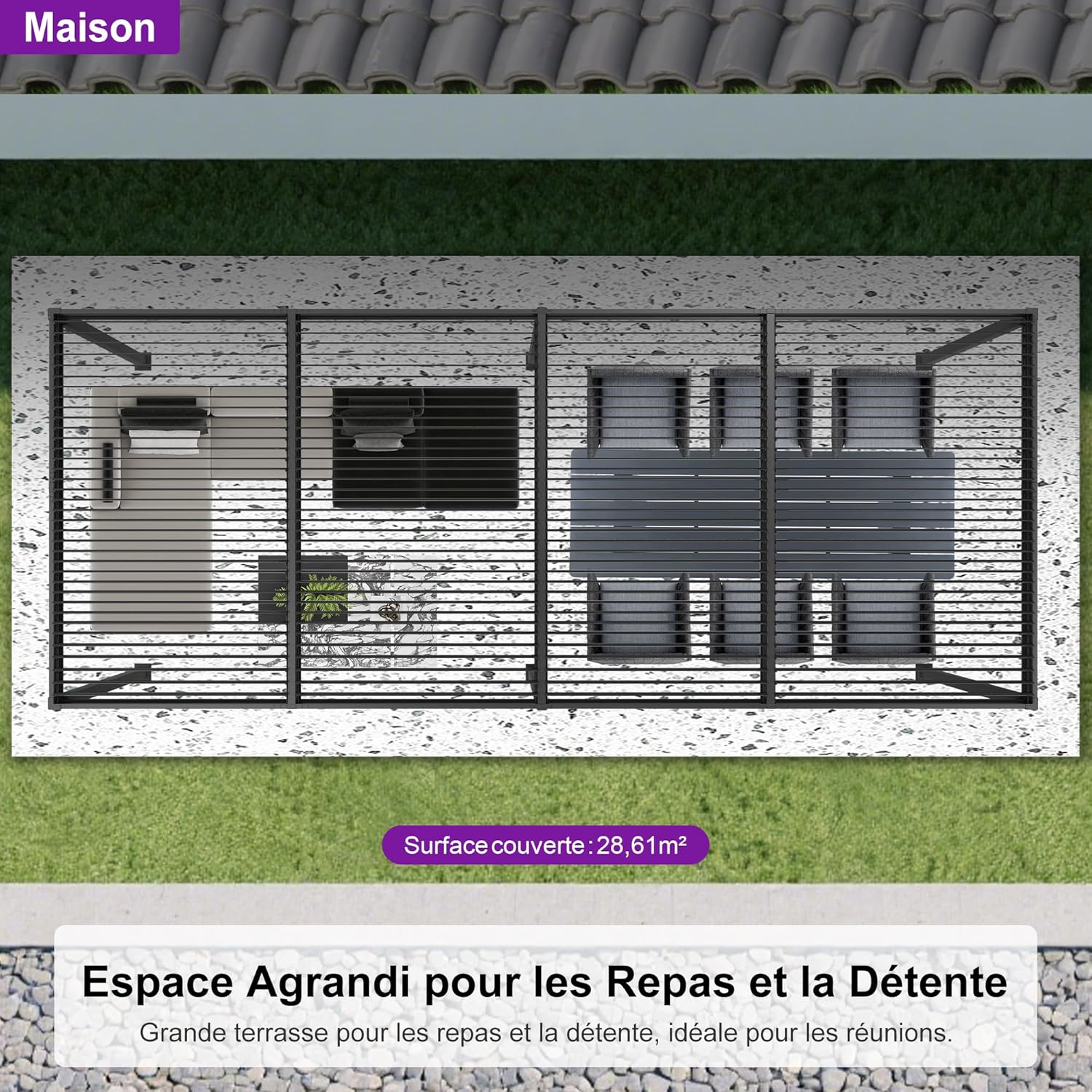 etezen - Pergola bioclimatique série - 3,5x8,5m - aluminium, lames orientables, jardin, terrasse, gris