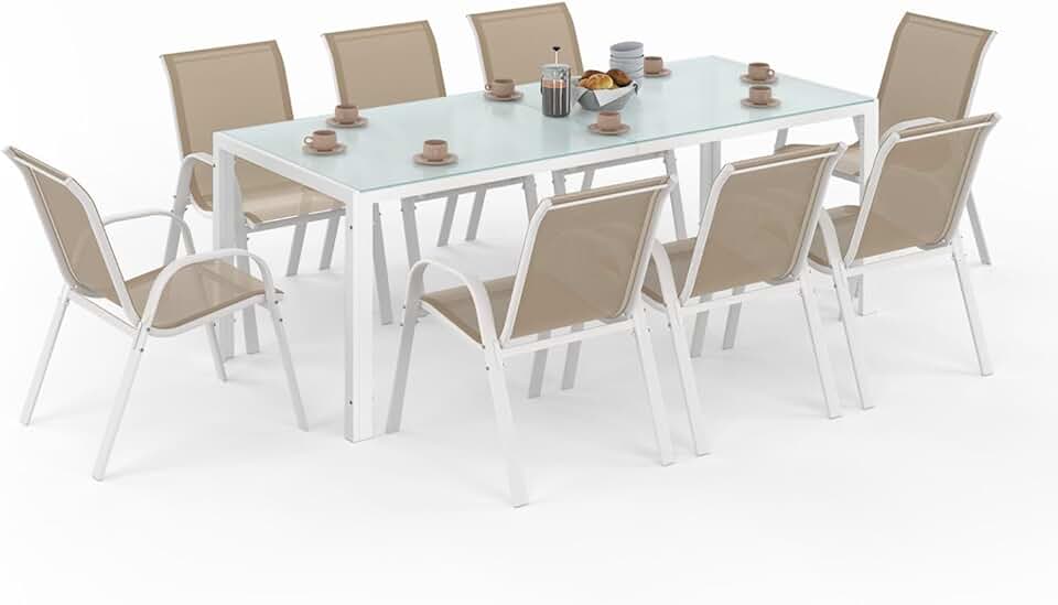 etezen - Madrid salon jardin, table 190 cm, 8 chaises empilables, blanc/beige