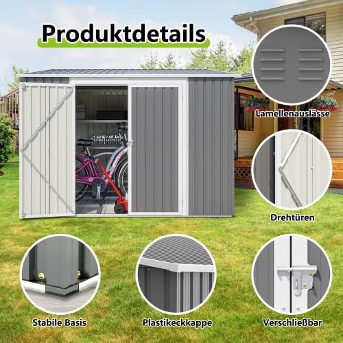 Abri en métal de 6 x 8 Pieds avec Double Portes et Serrure - Abri de Jardin imperméable avec kit de Sol pour Jardin, terrasse, Cour arrière, Environ 1,8 x 2,4 m, Gris